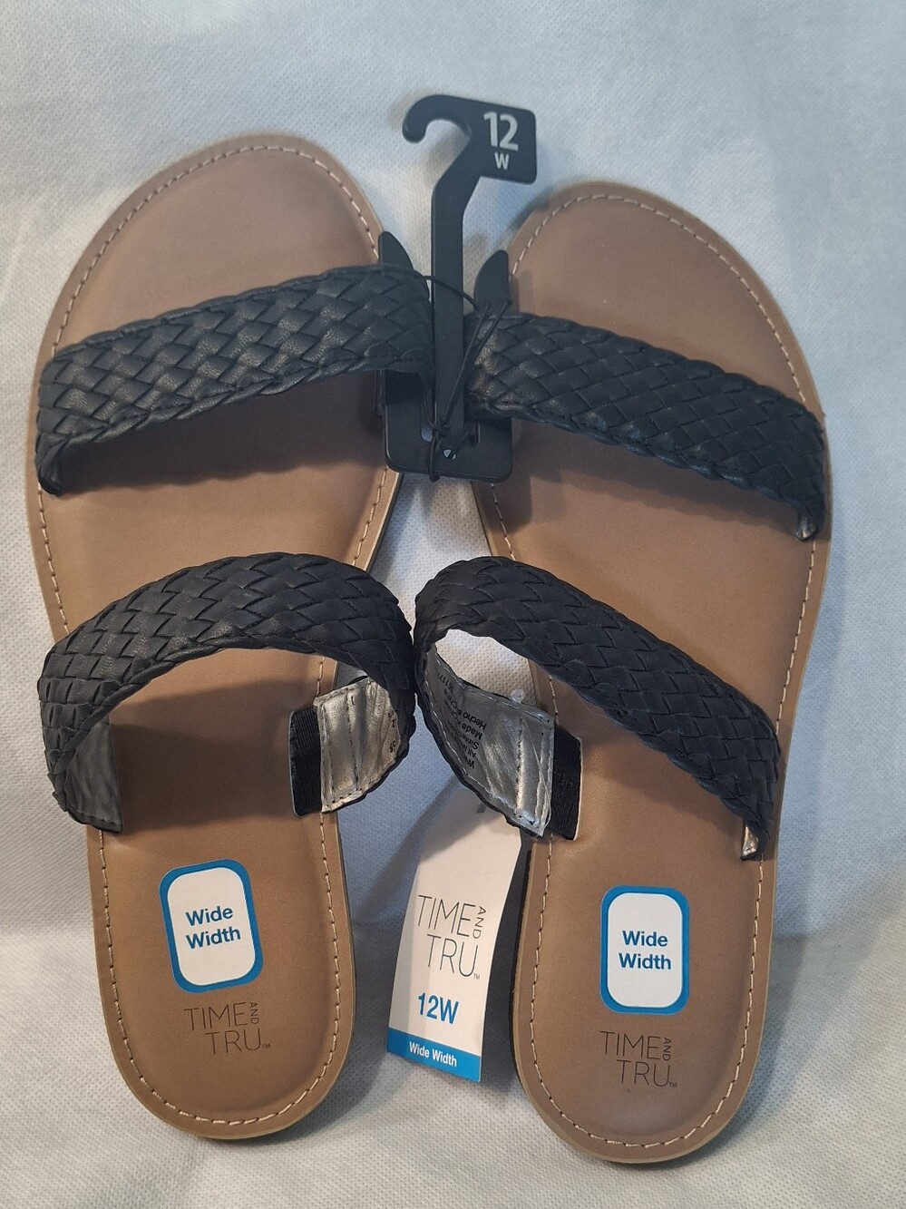 Time and Tru Black Woven Wide-Width Slide Sandals Size 12